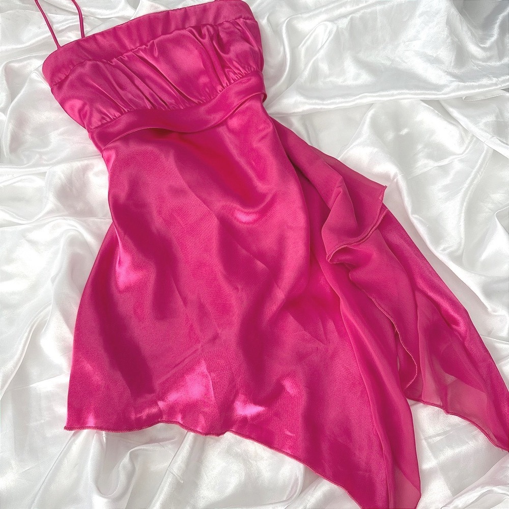 Trixxi Hot Pink Satin Ruched Asymmetrical Ruffle Mini Dress Y2K Style Size M